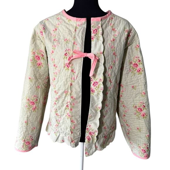 Handmade Quilted Jacket Upcycled Size M/L Repurposed Green Pink Floral Coquette - Picture 9 of 10